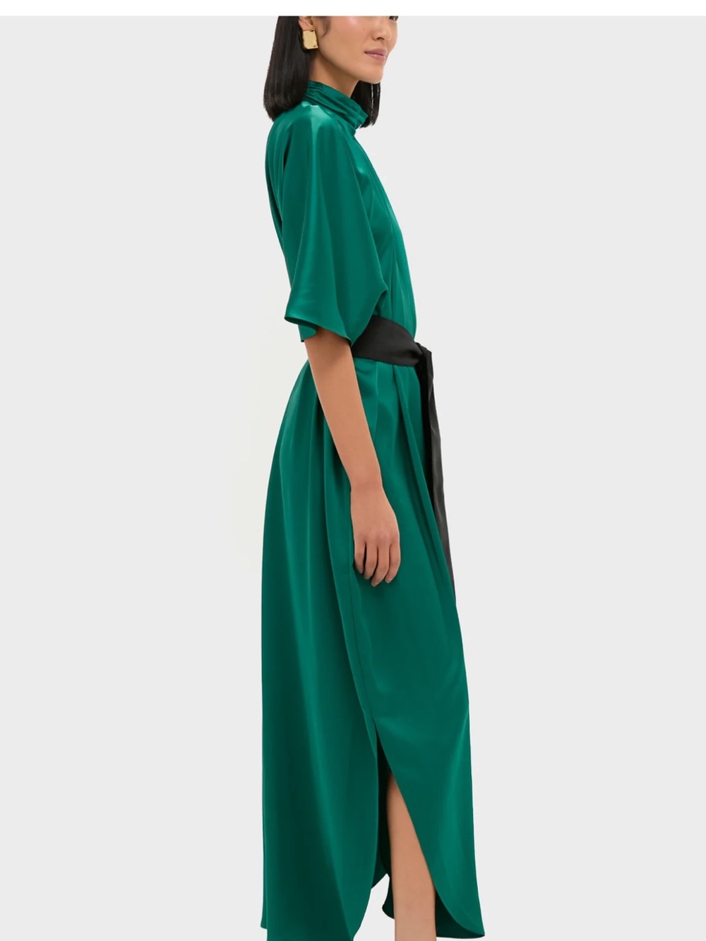 Tuckernuck Emerald Green Satin Wrap Maxi Dress with Black Sash